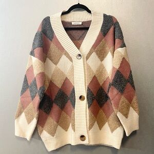 Argyle Print Sweater Cardigan Medium